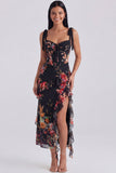 Ivory Floral Corset Sheath Midi Dress with Slit