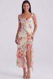 Ivory Floral Corset Sheath Midi Dress with Slit
