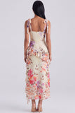 Ivory Floral Corset Sheath Midi Dress with Slit