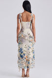 Ivory Floral Corset Sheath Midi Dress with Slit
