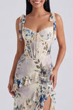Ivory Floral Corset Sheath Midi Dress with Slit