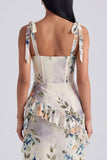 Ivory Floral Corset Sheath Midi Dress with Slit