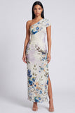 Ivory Floral One Shoulder Sheath Maxi Dress