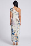 Ivory Floral One Shoulder Sheath Maxi Dress