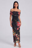 Ivory Floral Off the Shoulder Sheath Maxi Dress