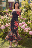 Ivory Floral Off the Shoulder Sheath Maxi Dress