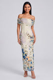 Ivory Floral Off the Shoulder Sheath Maxi Dress