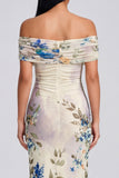 Ivory Floral Off the Shoulder Sheath Maxi Dress