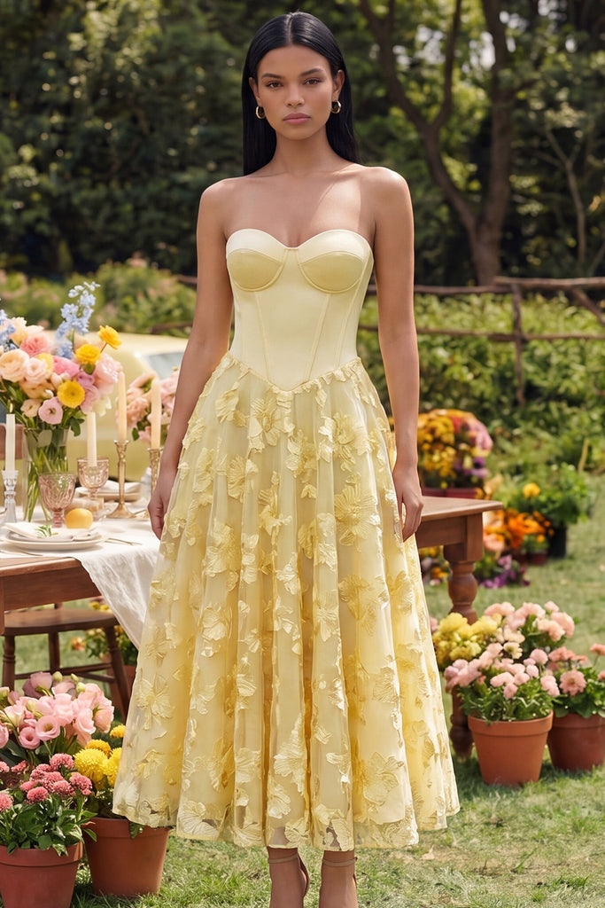 ZAPAKA Women Strapless Floral Midi Dress Yellow A Line Wedding Guest Dress