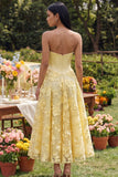 Strapless Yellow Floral A Line Midi Dress