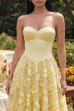 Strapless Yellow Floral A Line Midi Dress