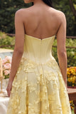 Strapless Yellow Floral A Line Midi Dress