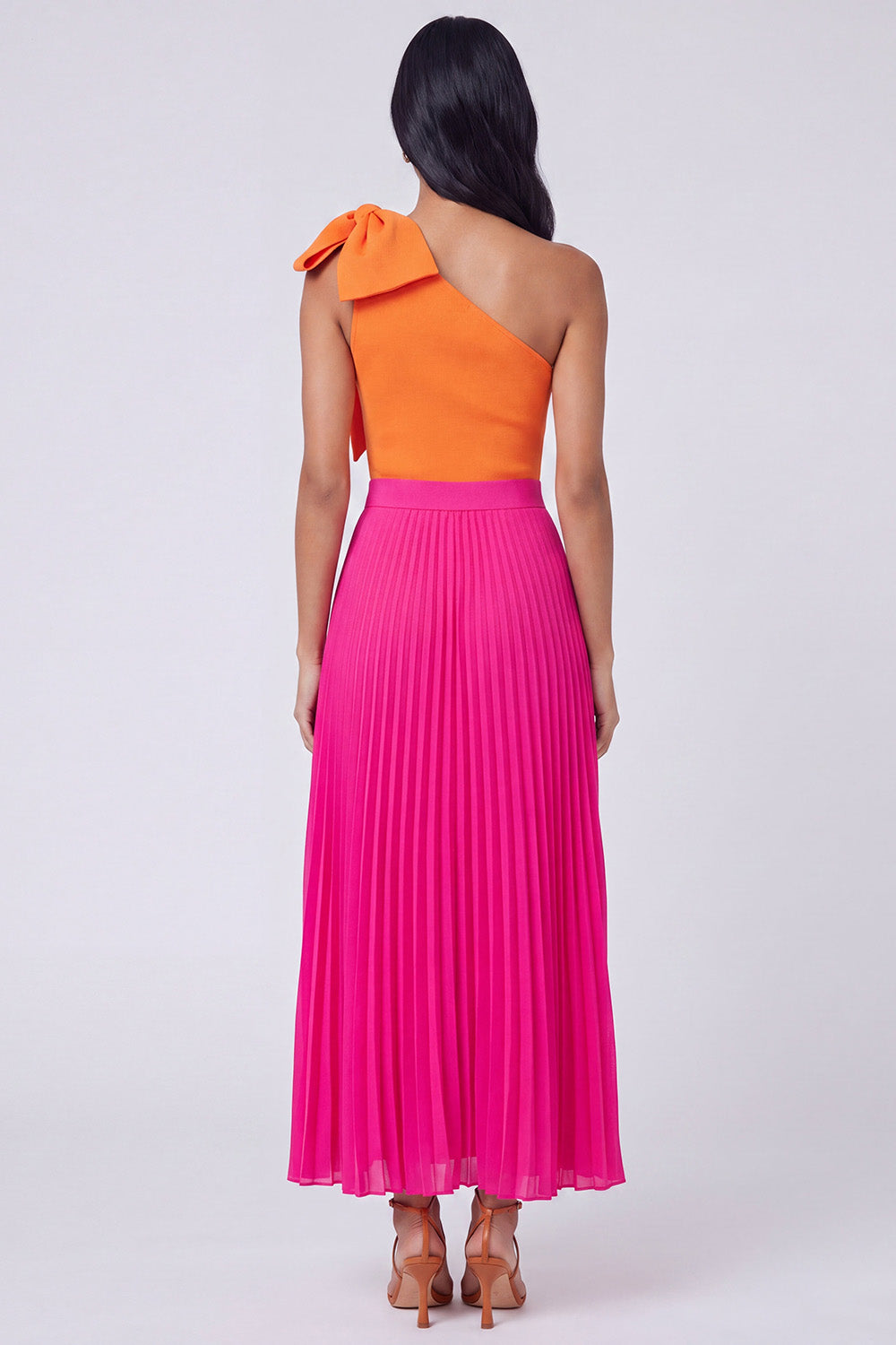 pink and orange pleated dress In the Glow Pink & Orange Jacquard Pleated Bust Midi Dress