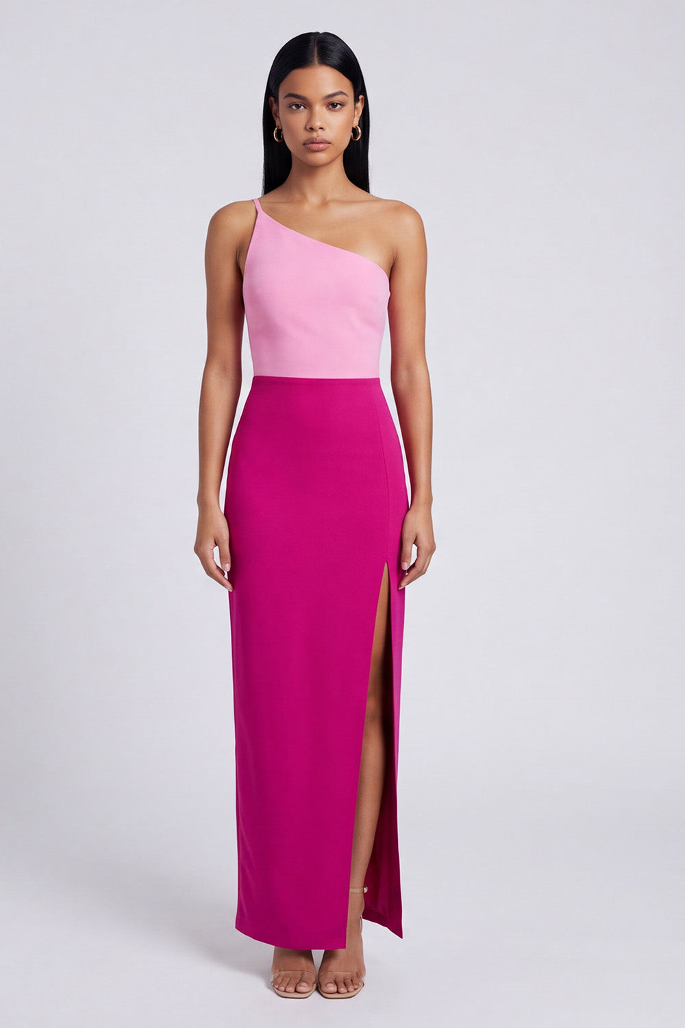 Zapaka Women Pink and Fuchsia Maxi Dress with Slit Velvet One Shoulder Bodycon Wedding Guest Dress, Pink and Fuchsia / US26W