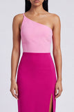 Pink and Fuchsia One Shoulder Velvet Bodycon Maxi Dress with Slit