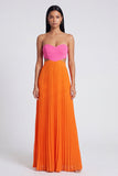 A-Line Pink and Orange Sweetheart Pleated Maxi Dress