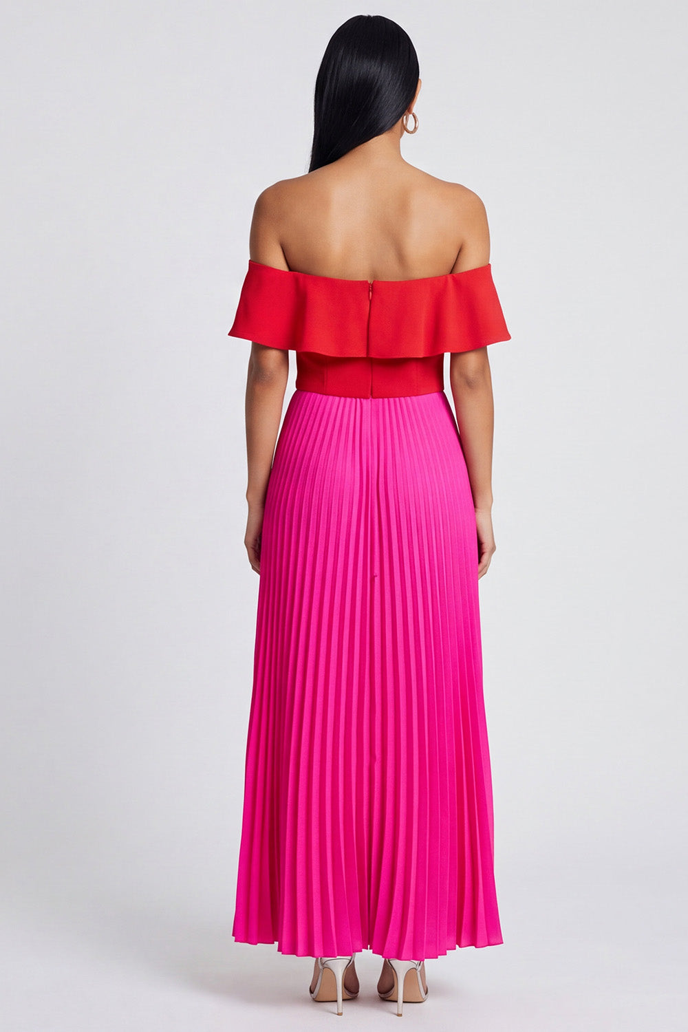 fuchsia wedding guest dress Zapaka Women Fuchsia and Red Maxi Dress with Ruffles Off the Shoulder A-Line Pleated Wedding Guest Dress, Fuchsia and Red / US14