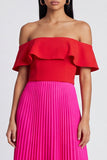 Off the Shoulder A-Line Fuchsia and Red Pleated Maxi Dress with Ruffles