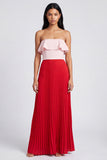Off the Shoulder A-Line Pink and Red Pleated Maxi Dress with Ruffles
