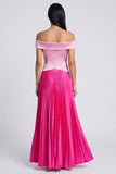 A-Line Satin Pink and Fuchsia Off the Shoulder Pleated Maxi Dress