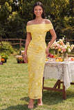Off the Shoulder Yellow Bodycon Appliqued Maxi Floral Dress with Slit