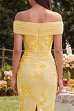 Off the Shoulder Yellow Bodycon Appliqued Maxi Floral Dress with Slit