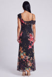 Black Tulle Asymmetrical Sheath Printed Maxi Floral Dress