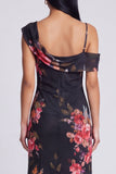 Black Tulle Asymmetrical Sheath Printed Maxi Floral Dress