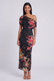 Black Tulle One Shoulder Bodycon Printed Floral Maxi Dress