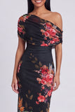 Black Tulle One Shoulder Bodycon Printed Floral Maxi Dress
