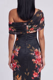 Black Tulle One Shoulder Bodycon Printed Floral Maxi Dress