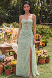 Strapless Cut Out Dusty Sage Floral Maxi Dress with Slit