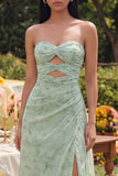 Strapless Cut Out Dusty Sage Floral Maxi Dress with Slit