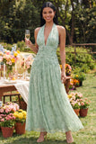 Halter Dusty Sage Floral A Line Maxi Dress