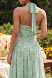 Halter Dusty Sage Floral A Line Maxi Dress