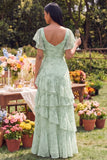 Dusty Sage Floral Square Neck Flutter Sleeve A Line Ruffled Maxi Dress