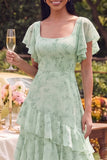Dusty Sage Floral Square Neck Flutter Sleeve A Line Ruffled Maxi Dress
