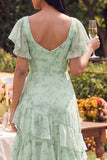 Dusty Sage Floral Square Neck Flutter Sleeve A Line Ruffled Maxi Dress