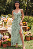 Dusty Sage Floral Spaghetti Straps Ruffled Maxi Dress with Slit