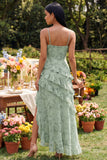 Dusty Sage Floral Spaghetti Straps Ruffled Maxi Dress with Slit