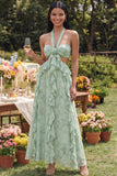 Halter Cut Out Ruffled Dusty Sage Floral A Line Maxi Dress