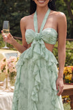 Halter Cut Out Ruffled Dusty Sage Floral A Line Maxi Dress