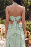 Halter Cut Out Ruffled Dusty Sage Floral A Line Maxi Dress