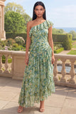 One Shoulder Dusty Green Ruffled A Line Asymmetrical Maxi Floral Dress