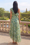 One Shoulder Dusty Green Ruffled A Line Asymmetrical Maxi Floral Dress