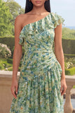 One Shoulder Dusty Green Ruffled A Line Asymmetrical Maxi Floral Dress