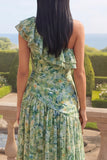 One Shoulder Dusty Green Ruffled A Line Asymmetrical Maxi Floral Dress