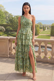 One Shoulder Dusty Green Floral A Line Tiered Maxi Dress