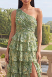 One Shoulder Dusty Green Floral A Line Tiered Maxi Dress