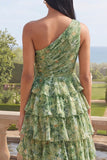 One Shoulder Dusty Green Floral A Line Tiered Maxi Dress